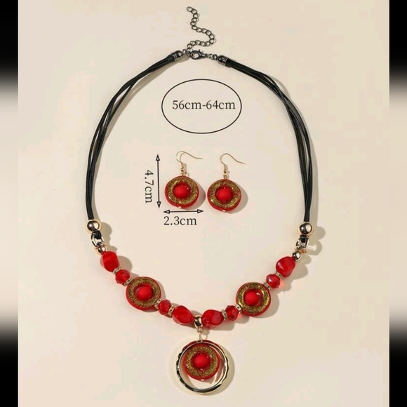 🍉5 for $25* Red & Gold Necklace & Earrings - Picture 3 of 3